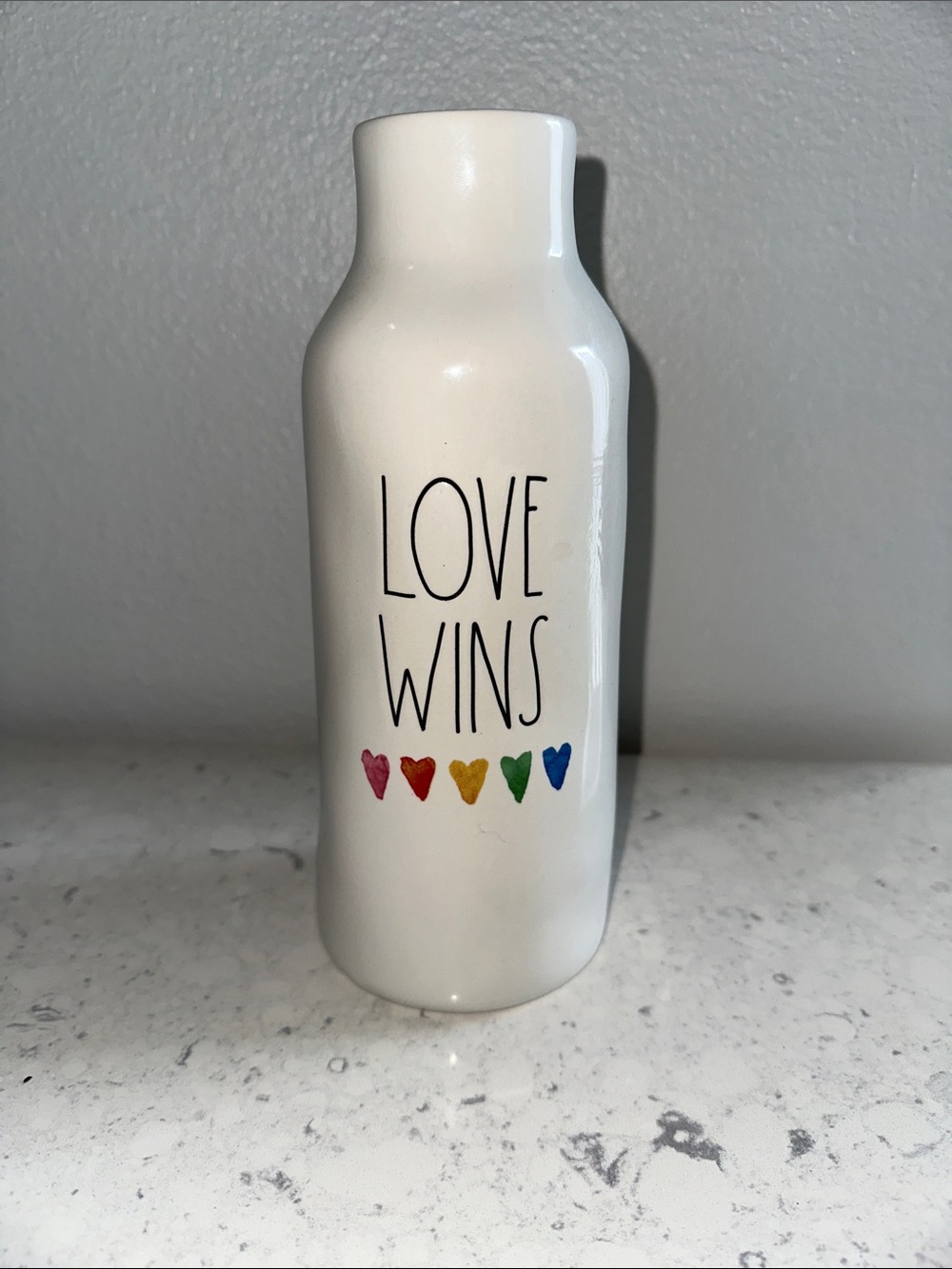 Rae Dunn Watercolor Hearts, “Love Wins” 9” vase